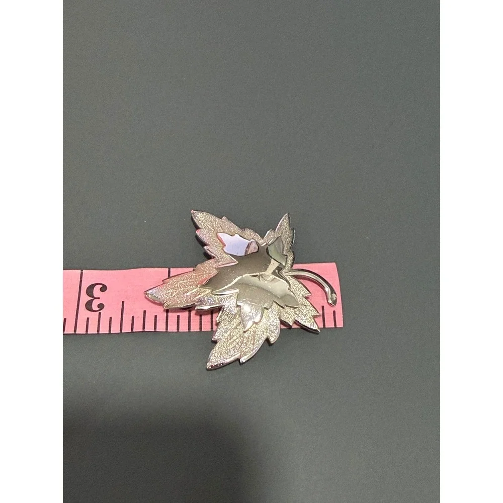 Monet Maple Leaf Brooch Silver Tone Layered Vintage Textured High Polished Pin